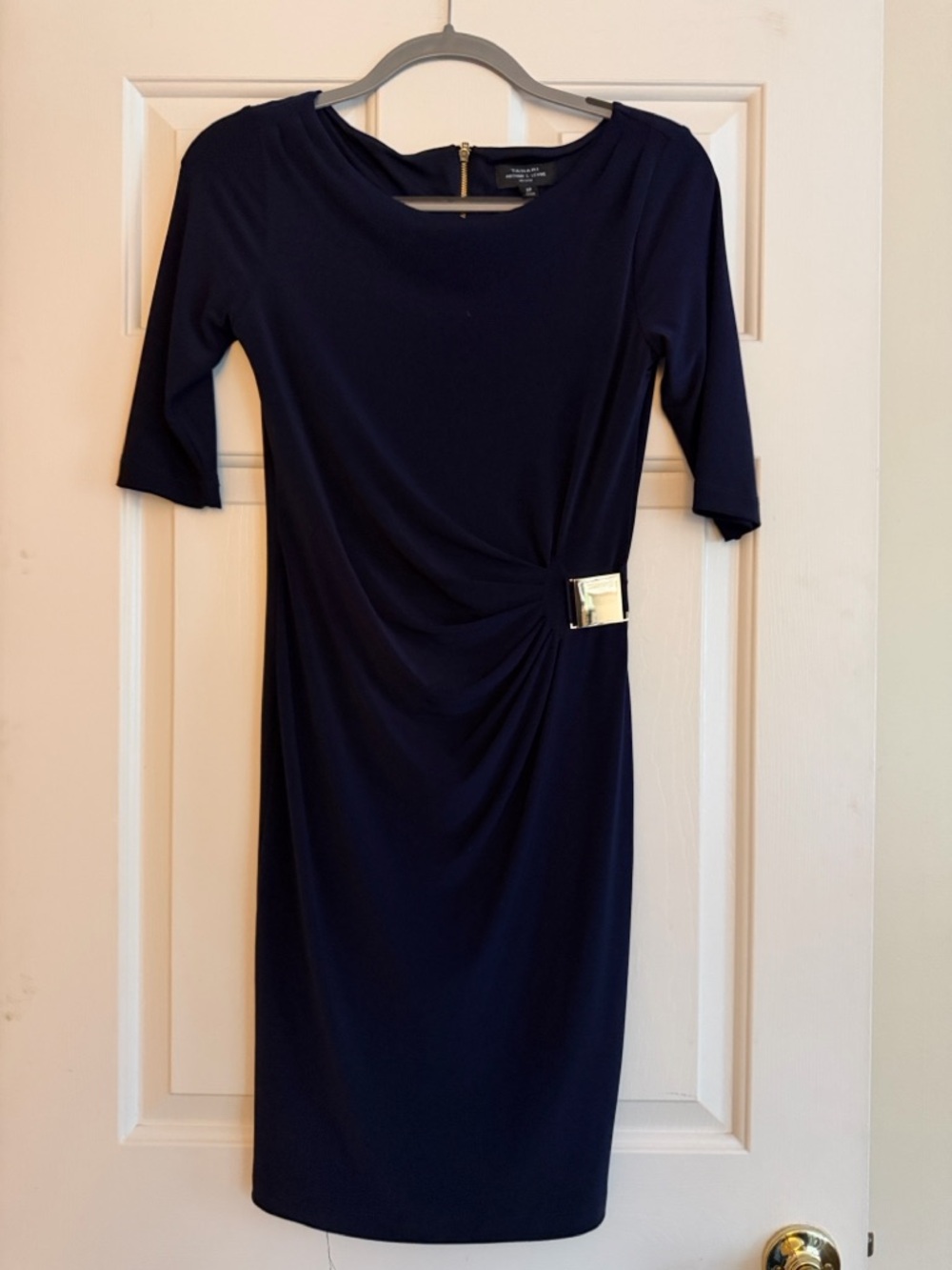 Tahari ASL Navy Midi Dress with Gold Buckle